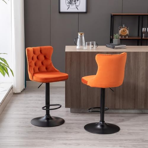 Set of 2 Swivel Velvet Barstools Adjusatble Seat Height Modern Upholstered Bar Stools with Backs Comfortable Tufted for Home Pub and Kitchen Island (Orange)