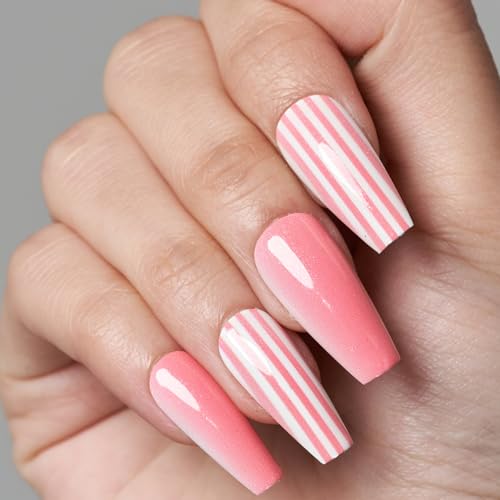 GLAMERMAID Press on Nails Coffin Long, Winter Pink Medium Length False Nails with Design,24 Pcs Glue on Nails for Women,UV Glossy Reusable Acrylic Stick on Nails Tips for Girls Gift — view 3
