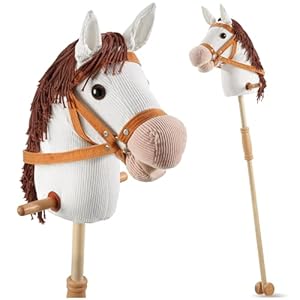 tectake® Steckenpferd mit kuscheligem Plüsch, Hobby Horse Pferde, Holzstab mit Doppelrolle, seitliche Griffe, 103 cm, Spielzeug, Spielpferd, Kinderspielzeug, Holzspielzeug, Motorikspielzeug - weiß