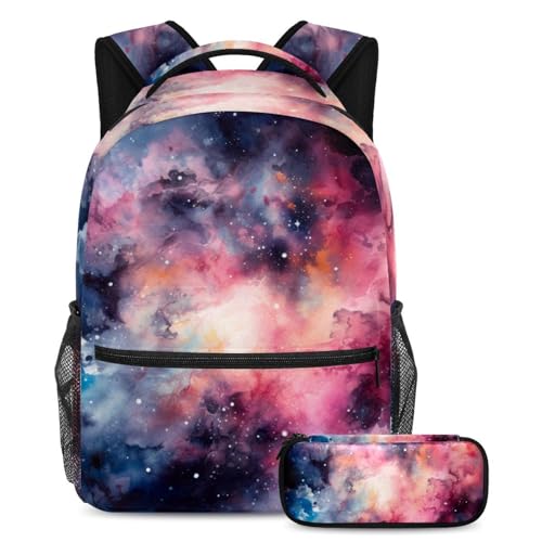 Sac à dos galaxie rose avec trousse 2 pièces pour école et voyage