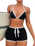 SweatyRocks Women's 2 Piece Swimsuit Contrast Trim Halter Triangle Top with Shorts Bathing Suits Bikini Set Black and White Small