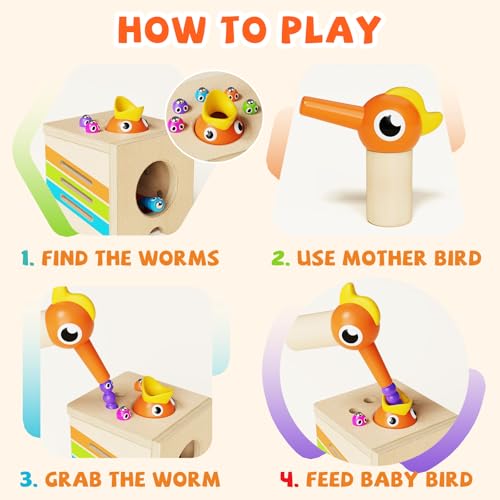 Image of 5-in-1 Wooden Activity Cube, Toddlers Montessori Toys for Baby Boys Girls, Baby Activity Center for 2+ Year Old, Woodpecker Worm Toy Magnetic Bird Feeding Game, Educational Color & Shape Sorting Toy