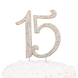 Rose Gold Sweet 15 Birthday Cake Topper | Premium Crystal Rhinestone Diamond Bling Gems | Monogram Number Fifteen | 15th Birthday Party Decoration Ideas | Perfect Quinceanera Keepsake (15 Rose Gold)