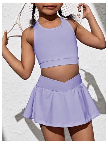 Image of SOLY HUX Toddler Girl's 2 Piece Workout Outfits Lightweight Crop Tank Tops and Skort Athletic Set Plain Purple 6Y