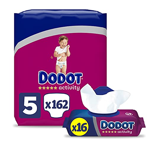 Dodot Pañales Bebé Activity Talla 5 (11-16 kg), 162 Pañales con Ajuste Más Resistente + Toallitas Activity, 16 Paquetes (16x54), Recuperan el pH Natural de la Piel