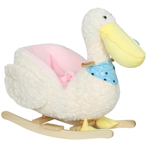 Qaba Pelican Baby Rocking Horse, Plush Stuffed Animal Rocker with Realistic Duck Sound and Safety Belt, Kids Ride on Rocking Horse for Toddlers 18–36 Months, White