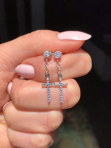 Dangle Cross Earrings In Sterling Silver With Cz Diamonds - Handmade In The Usa. (Clear Cz Stud, Sterling Silver/Pair - 2 Earrings) #TOP1