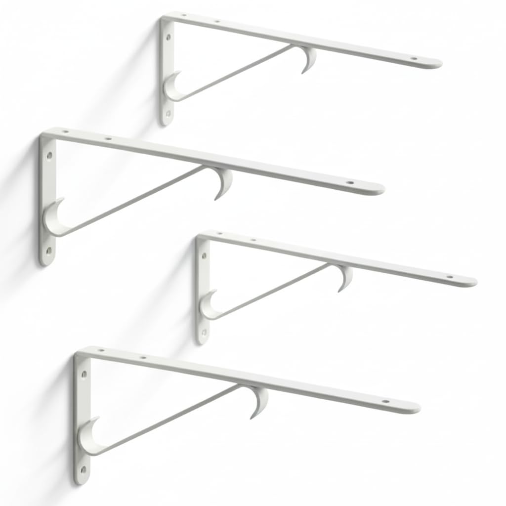12" 4PC Heavy Duty Metal Shelf Brackets – White Powder Coated L-Shaped Angle Brackets, Rust-Resistant for Floating Wood & Glass Shelves, Kitchen Storage, Bookshelf, 50kg Load Capacity