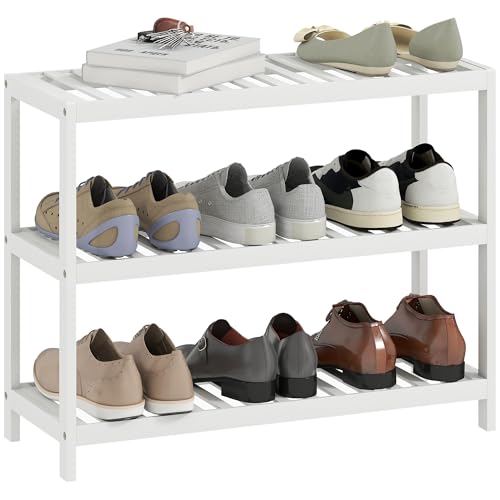 HOMCOM Schuhregal mit 3 Ebenen, Schuhablage aus Bambus, Schuhständer für 9 Paar Schuhe, Schuh-Organizer, Schuhaufbewahrung für Flur, Eingang, Weiß