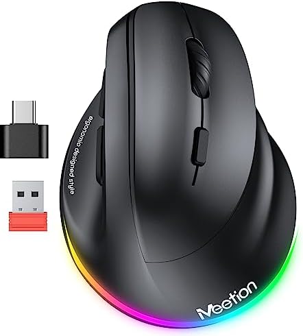 MEETION Ergonomic Mouse, Wireless Vertical Mouse RGB Backlit Rechargeable Mice for Bluetooth(5.2 + 3.0) & USB-A with USB-C Adapter 4 Adjustable DPI Compatible Mac/Windows/Andriod/PC/Tablet/iPad Black