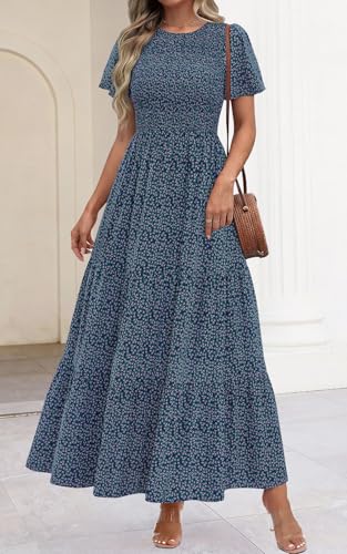 Image of PRETTYGARDEN Women's 2026 Summer Casual Flutter Short Sleeve Boho Floral Maxi Dress Crew Neck Smocked Tiered Long Dresses