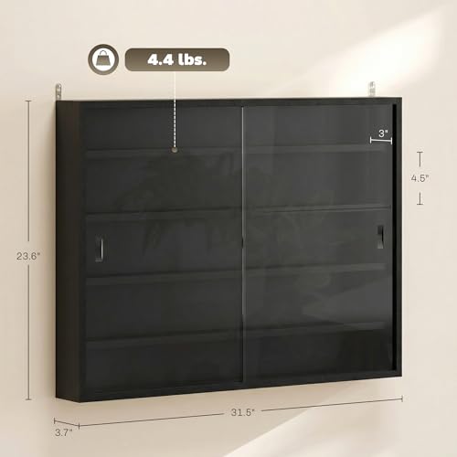 Image of HOMCOM 5-Tier Display Cabinet, Glass Door Cabinet with Adjustable Shelves, Wall-Mounted Display Case for Playroom, Bedroom, Jet Black