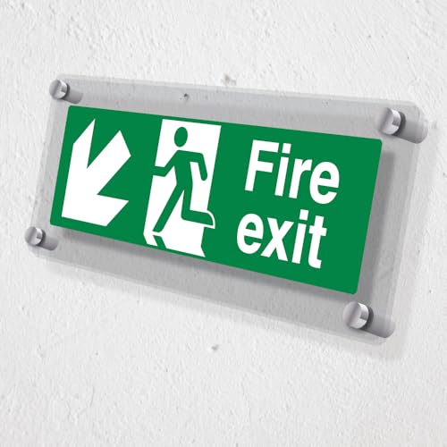 V Safety Fire Exit Arrow Down Left - 300 x 100 mm - Acrylic Perspex Cast Clear Safety Sign, Green - Image 2