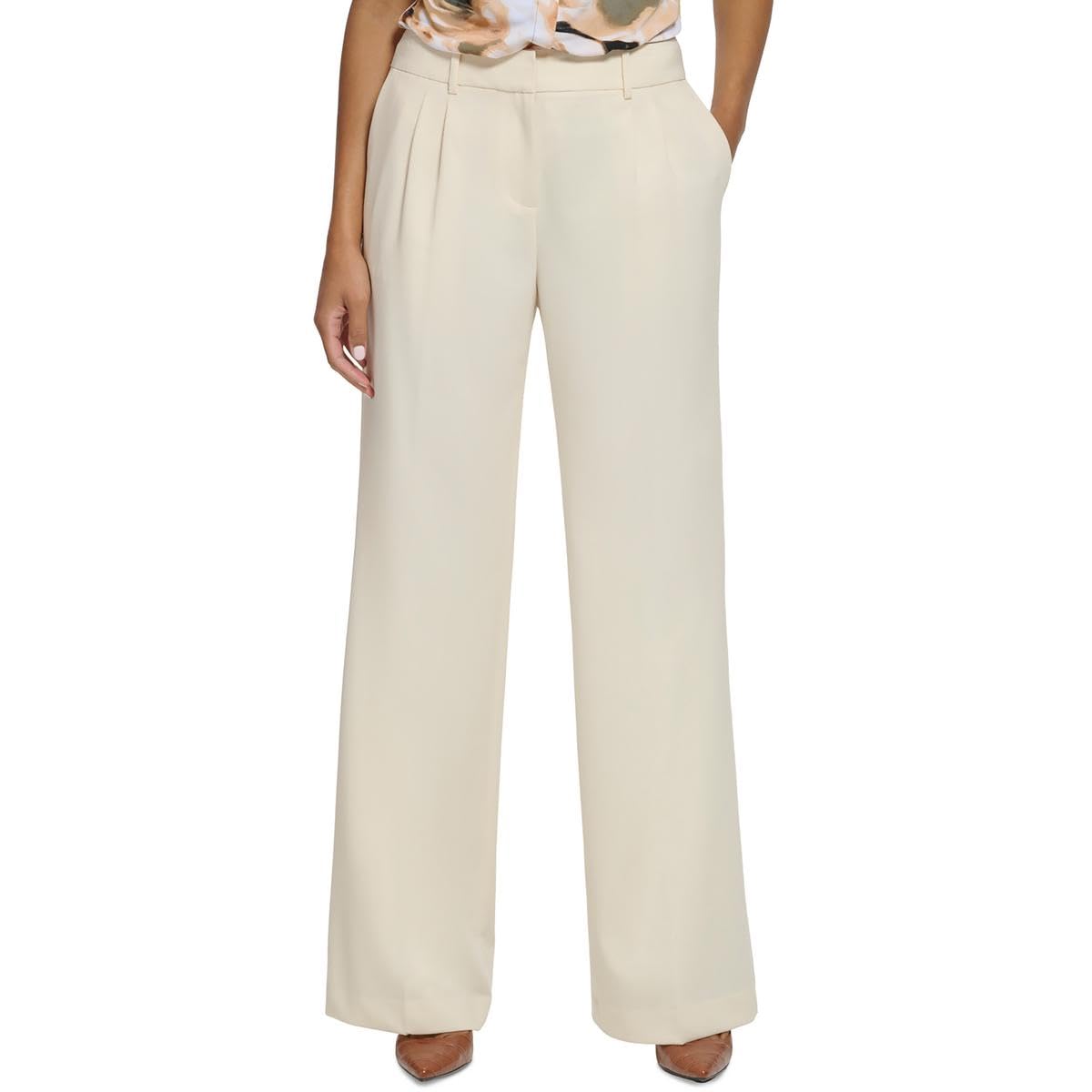 Calvin Klein Womens High Rise Pleated Wide Leg Pants Beige 2