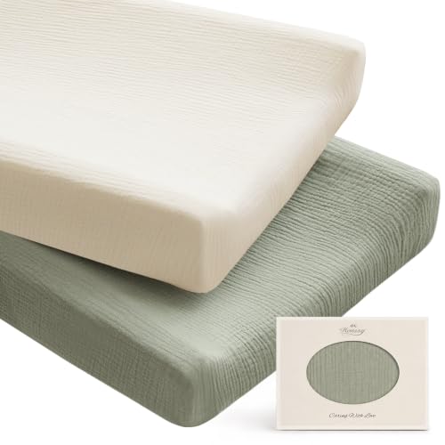 Image of Konssy 100% Cotton Muslin Changing Pad Cover 2 Pack, 32"x16" Standard Fit | Ultra Soft & Breathable, Diaper Changing Table Sheets, Neutral Nursery Design, for Baby Boys Girls (Fog Green,Cream)