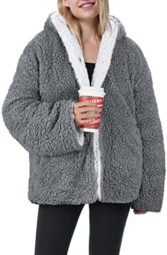 Tirrinia Sherpa Jacket Hooded Pullover for Women, Super Soft Comfy Plush Reversible Casual Teddy Bear Blanket Jackets Hoodie Grey