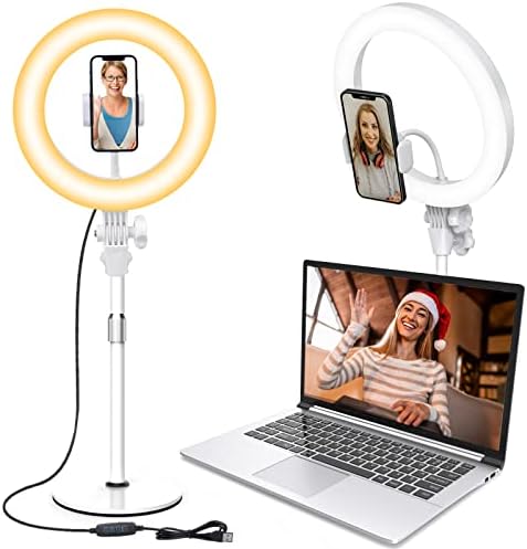 Video Conference Lighting for Laptop Computer, 10.5'' Selfie Ring Light with Stand and Phone Holder for Remote Working, Zoom Meeting Calls, Webcam Lighting, Live Streaming, Video Recording (White)