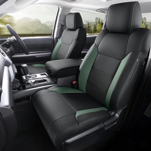 MeeKooMay for Toyota Tundra Seat Cover Customized 2014-2021 CrewMax Cab SR, SR5, Limited, Platinum,1794 Edition,TRD Pro Nappa Leather Seat Protect Pickup Trucks 14PCS (Black+Green)