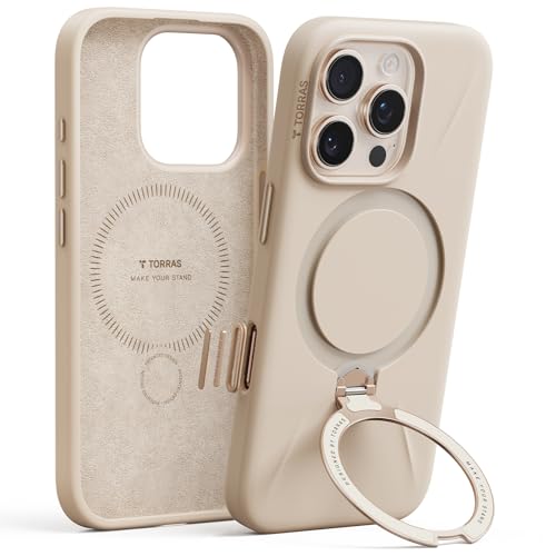 TORRAS Liquid Silicone for iPhone 16 Pro Case with 360° Spin Magnetic Stand & Camera Control, Fit for MagSafe, Ring Stand Non-Slip Anti-Scratch Protective Case for iPhone 16 Pro, Dessert Gold 6.3''