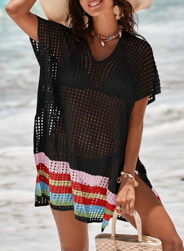 Dokotoo Women's Swimwear Beach Bikini Swimsuit Color Block Cover-ups Crochet Striped Side Split Mini Dress2