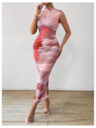 Image of Milumia Women's Printed Mock Neck Bodycon Maxi Dress Sleeveless Mesh Long Dress Party Cocktail