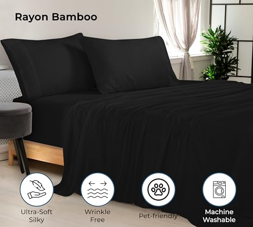 Image of Royale Linen Bamboo Viscose Queen Sheet Set - Cooling Bed Sheet Set - 1 Fitted, 1 Flat & 2 Pillowcase - Fits Up to 16 inch - Organic Viscose Derived from Bamboo - Bedding Sheet & Pillowcase (Queen, Black)