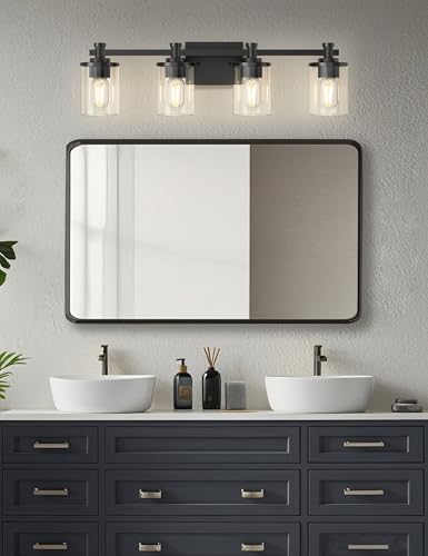 Image of DORESshop 4-Light Black Bathroom Light Fixtures Over Mirror, Modern Wall Sconce with Clear Glass Shade, Vanity Lights for Bathroom
