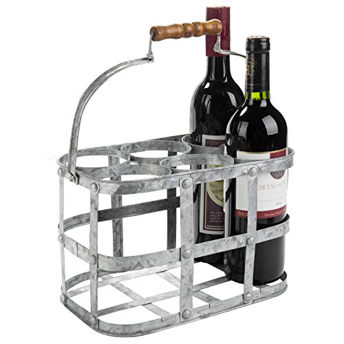 MyGift Farmhouse Style 6-Bottle Galvanized Finish Metal Wine Bottle Holder Carrier Caddy with Wooden Handle