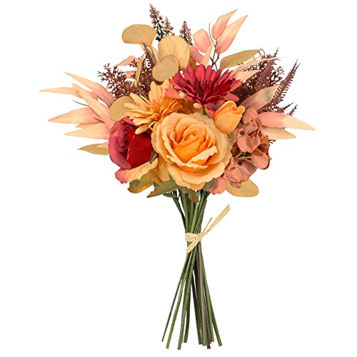 Deemei Artificial Flowers Arrangements Fake Plants Silk Rose Chrysanthemum Flower Fall Floral Wedding Bouquet For Bridal Bridesmaid Rustic Home Table Centerpieces(Orange) #TOP23