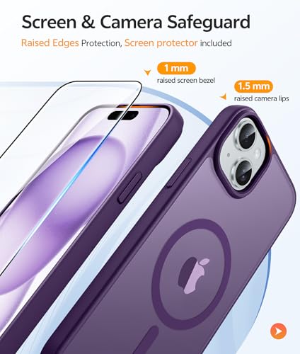 Image of FNTCASE for iPhone 15 Case: for iPhone 14 Case & iPhone 13 Case [Compatible with Magsafe] Translucent Matte Cases with [Screen Protector] Military Grade Shockproof Protective Phone Cover - Purple
