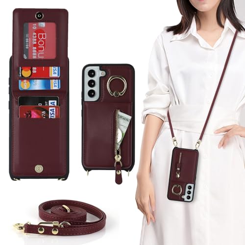 Zouzt for Samsung Galaxy S21 Case with Cord and Card Holde, Zipper Wallet Case with Crossbody Lanyard Ring Adjustable Necklace Cover Women for Samsung Galaxy S21 - Burgundy