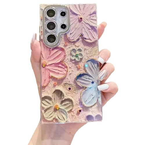 Elzzi Compatible with Samsung S24 Ultra 5G Case Laser Flower Oil Painting Cute Colorful Blue Ray Bumper with Full Camera Protection Shockproof PC+TPU Glossy Shiny Cover for Girls Women,Pink- Best and cheap mobile covers in India