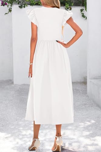 CFLONGE Women's Casual Short Puff Sleeve Summer Dresses for Women 2025 High Waist Casual Flowy A Line Midi Dress with Pockets4