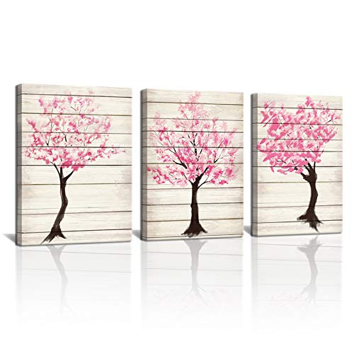 SkenoArt 3 Piece Rustic Pink Tree Canvas Wall Art Abstract Cherry Forest Painting Botany Print Bathroom Wall Decor Gallery Wrap Modern Home Art for Living Room Bedroom Ready to Hang 12