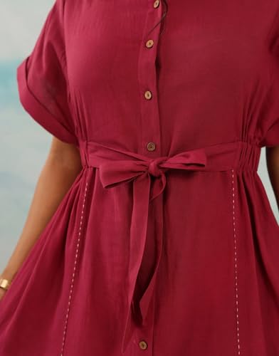 Image of Amazon Brand - INKAST Women Wide Shirt Collared Solid A -line Bottun Down Maxi Dress with Tie Belt | Flared Short Sleeve Summer Outfits | 100% Cotton | Casual Wear | One Piece