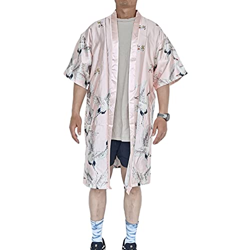 HAORUN Men Japanese Kimono Coat Loose Yukata Outwear Long Bathrobe Tops Vintage (Pink-Satin, X-Large, x_l)