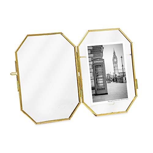 Isaac Jacobs 3.5X5 Vintage Style Octagon Brass & Glass, Metal Floating Picture Frame With Locket Closure (Vertical), Tabletop Display, (Fits Up To A Cutout 3.5” X 5” - See Image) #TOP4