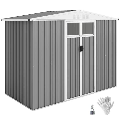Outsunny Caseta de jardín de 2,7 m² de acero galvanizado con 4 salidas de aire y 2 ventanas transparentes, cobertizo para herramientas con techo inclinado, puertas dobles bloqueables con llaves y
