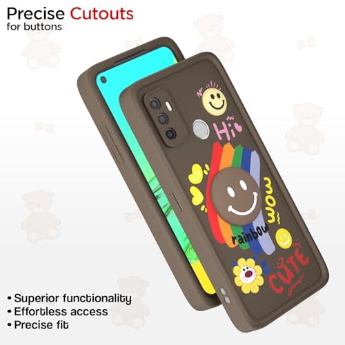 Image of Pikkme Back Cover for Oppo A53 | Soft Silicone| Cute Rainbow Smile & 3D Cartoon Flower Design | Shockproof Raised Camera Protection Bumper Case (Brown)