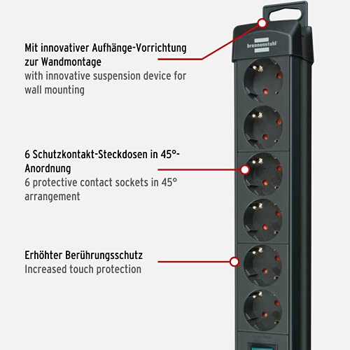 Brennenstuhl Premium-Line Stekkerdoos, 6-voudig (stekkerdoos met schakelaar en 3 m kabel - 45° hoek van de geaarde… - Image 3