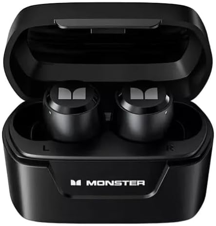 Monster Airmars XKT05 Bluetooth Earphones in black, showing both earbuds inside the open charging case.
