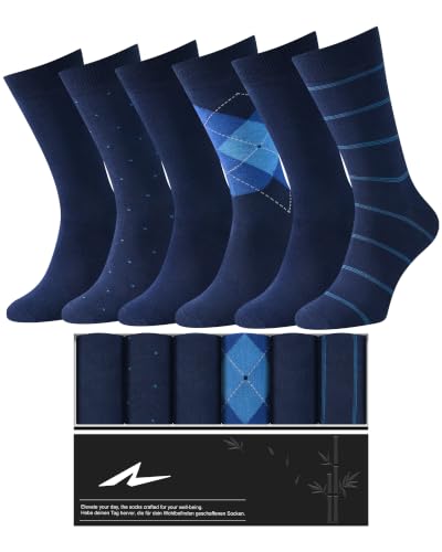 Image of Niorasen Men's Bamboo Rayon Dress Socks, 6 Pairs, Mid Calf | 90% bamboo rayon socks with breathable fabric and reinforced heel and toe; classic solid style for business and daily wear.