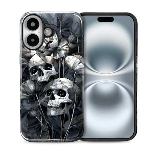 NONMY for iPhone 16 Plus Case,Hybrid 2 Layer Hard Shell Silicone Protective Case - Black Flower Skull - Scratch Resistant Shockproof Cover