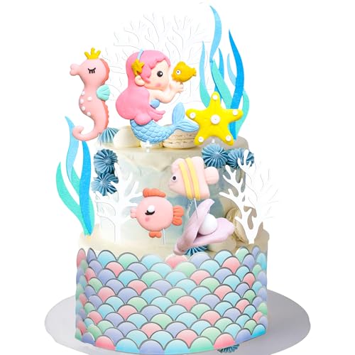 Gyufise 12 Pack Mermaid Party Cake Decoration Ocean Animal Mermaid Fish Crab Dolphin Octopus Seahorse Cake Toppers for Ocean Mermaid Under The Sea Theme Party Supplies Pink - Image 2