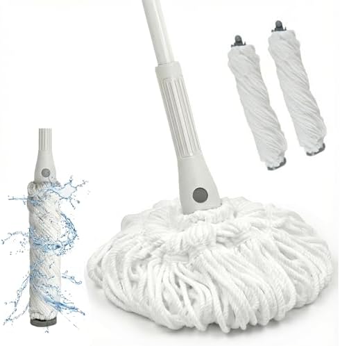 TRENNCHI Self Wringing Mop for Floor Cleaning with 2 Reusable Heads, Easy Wringing Twist Mop with 55 Inches Long Handle and Top Scouring Pad, Wet and Dry Mops