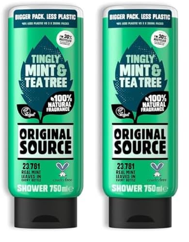 Original Source Mint & Tea Tree Shower Gel, 100 Percent Natural Fragrance, Vegan, Cruelty Free, Paraben Free, Large Bottle, 750 ml (Pack of 2)