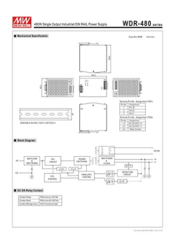 MEAN WELL WDR-480-48 480W 10A 48V fuente industrial para riel DIN miniatura 3