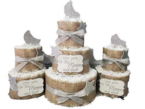 Love you to the Moon and Back Theme Diaper Cake 3 piece set - 3 Tier - Baby Shower Gift - Silver or Gold and Navy or Burlap Options