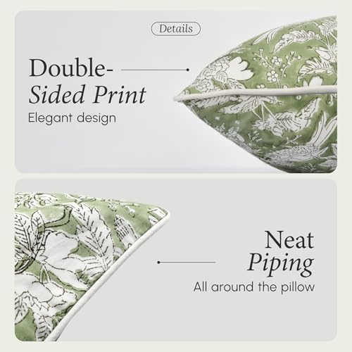 CPC 100% Cotton Throw Pillow Covers 20x20 Inch, Set of 2 Green Block Print Pattern Couch Pillow, Cute Boho Decorative Pillows for Living Room, Bedroom with Hidden Zipper- Olive Green