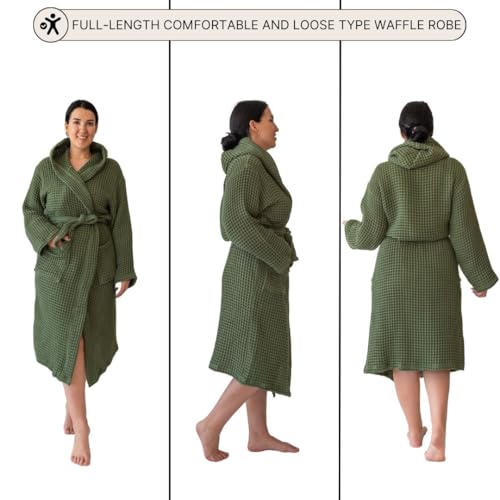 Unisex Hooded Waffle Robe for Women & Men 100% Turkish Cotton | Quick-Dry Bathrobe | Cozy Housecoat for Lounging (XXL Size, Dark Green Robe)3